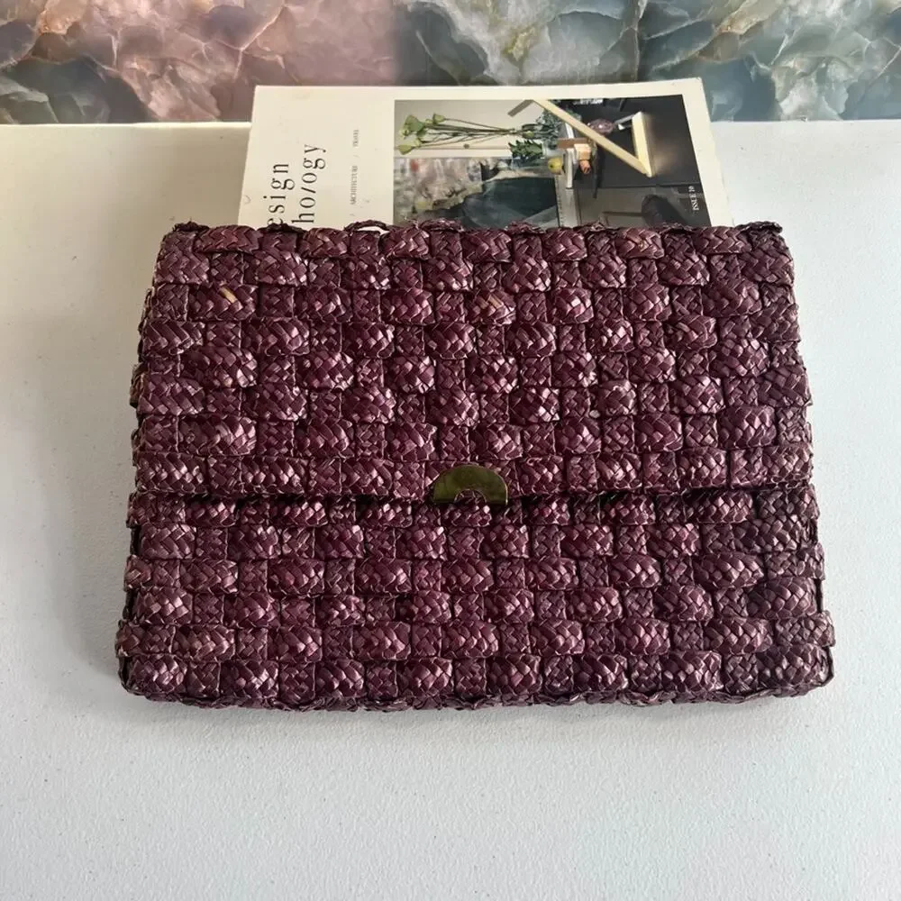 Vintage Burgundy Woven Wicker Straw Crossbody Clutch Purse Missing Strap